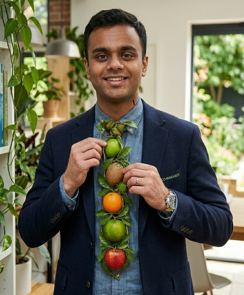 Varun wearing the eco-friendly fruit and leaf tie